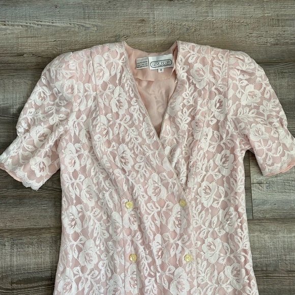 Vintage Pink Lace Overlay Drop Waist Button Down Vneck Dress Shoulder Pads - Picture 2 of 10